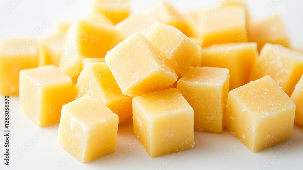 A pile of yellow cheese cubes on a white background A pile of yellow cheese cubes on a white background