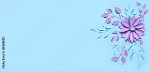 Beautiful composition with paper flower and leaves on light blue background with space for text