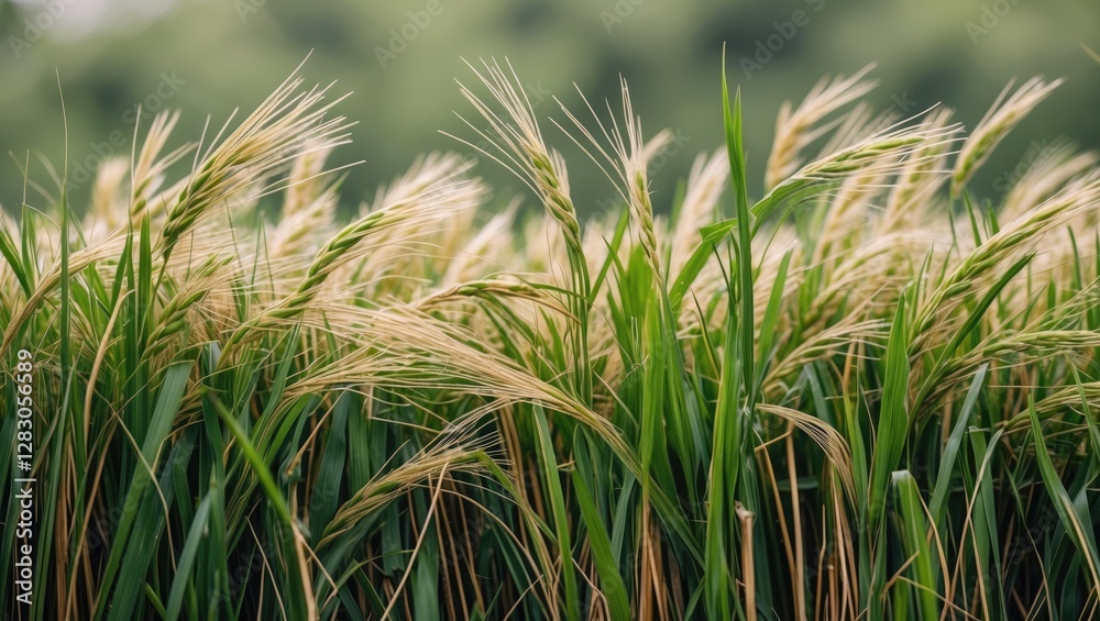 Fototapeta premium Lush green grass with golden straw highlights creating a serene natural backdrop for agriculture or summer themes.