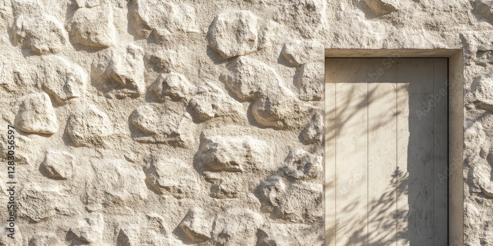 Textured roughcast wall in soft beige hues, featuring irregular stone patterns and a minimalistic light-colored wooden door on the right side. Textured roughcast wall in soft beige hues, featuring irregular stone patterns and a minimalistic light-colored wooden door on the right side.
