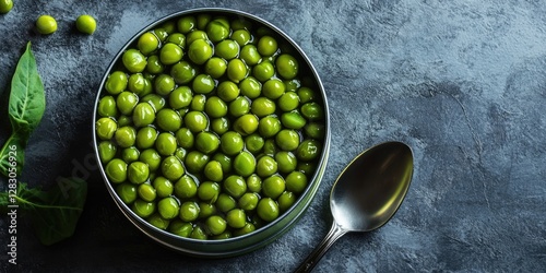 Open tin can filled with vibrant green peas next to a silver spoon on a textured gray background, highlighting freshness and quality of food.