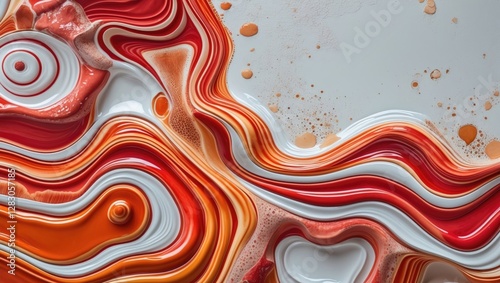 Abstract fluid art composition with vibrant red, orange, and white flowing paint textures on a light background