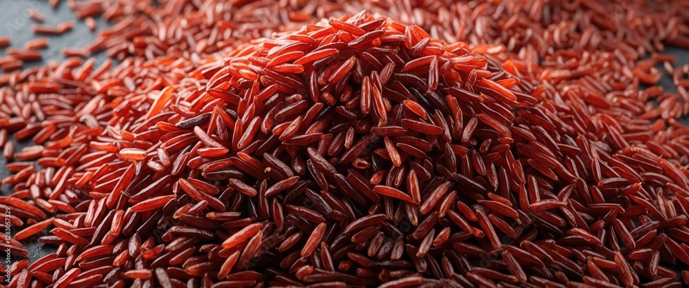 Fototapeta premium Heap of uncooked red rice grains on a dark surface creating a rich and natural background for culinary or health-related imagery.