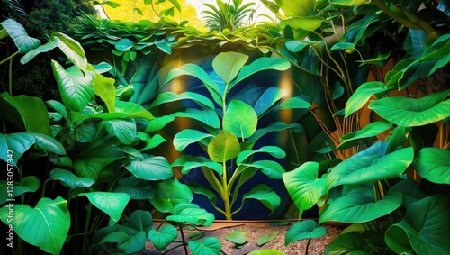 Lush tropical foliage creating a vibrant green backdrop with sunlight illuminating large leaves in a botanical garden setting photo