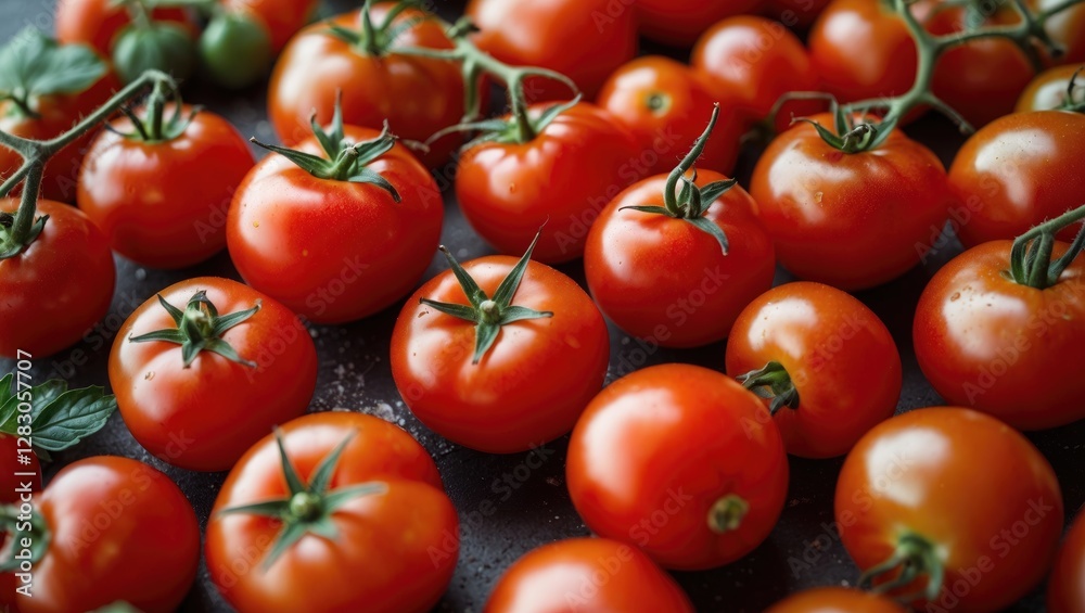 Fresh ripe cherry tomatoes arranged on a dark surface showcasing their vibrant red color and green stems for a healthy food backdrop.