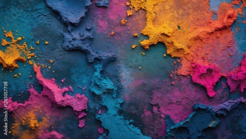 Multicolored abstract textured background with vibrant shades of blue, pink, orange, and purple resembling painted plaster or powder.