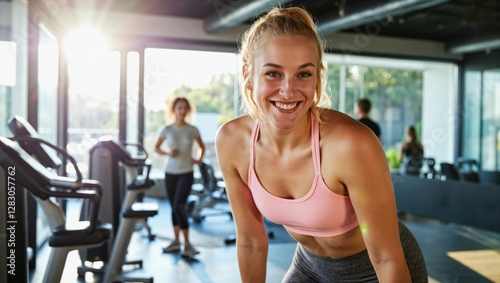 Confident and Fit Young Woman Working Out in a Gym Surrounded by Motivated Athletes