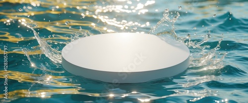 Circular white object creating splash in clear blue water with sunlight reflections and ripples in the background.