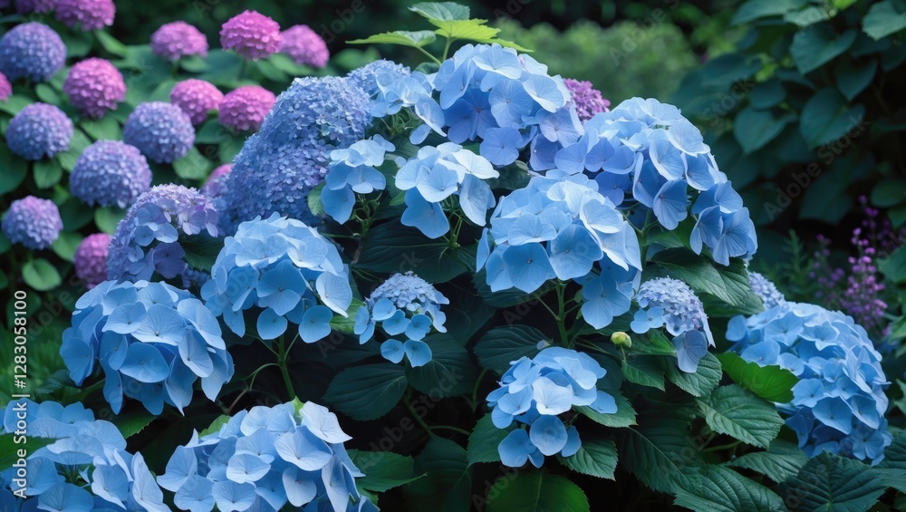 Blue hydrangea flowers in full bloom surrounded by purple hydrangeas and lush green leaves in a garden setting. Blue hydrangea flowers in full bloom surrounded by purple hydrangeas and lush green leaves in a garden setting.