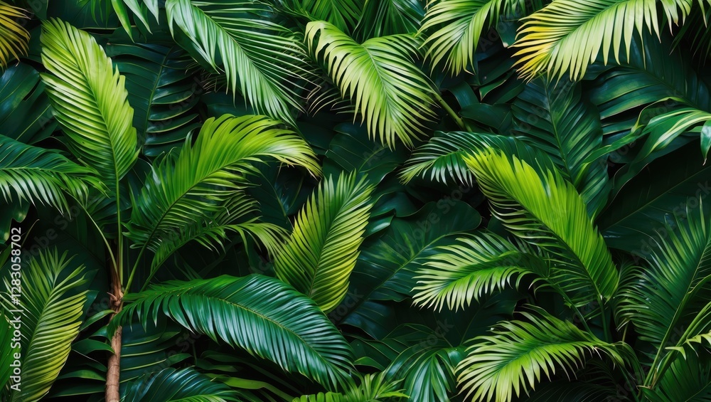 Green tropical palm leaves texture background with various shapes and shades of green foliage. Green tropical palm leaves texture background with various shapes and shades of green foliage.