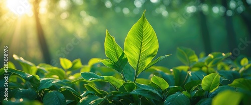 Fresh green leaves with sunlight filtering through a forest creating soft bokeh background in a peaceful natural environment