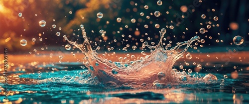 Water splash with droplets in sunlight reflecting on pool surface creating a vibrant and dynamic scene