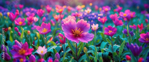 Fototapeta Naklejka Na Ścianę i Meble -  Vibrant field of blooming flowers in various shades of pink and purple with lush green foliage and soft sunlight illuminating the scene