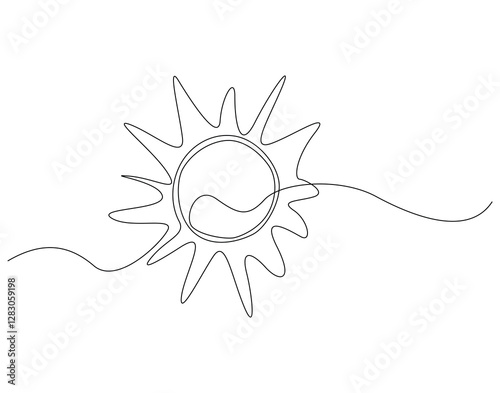 Continuous line drawing of sun. Single line illustration of sun shine. Summer, weather concept. Editable outline