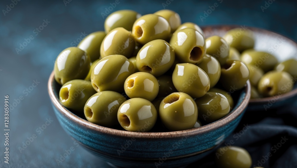 Green olives piled in a rustic bowl against a dark textured background showcasing their glossy appearance and vibrant color. Green olives piled in a rustic bowl against a dark textured background showcasing their glossy appearance and vibrant color.