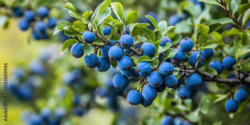 Vibrant blue sloe berries clustered on lush green branches in a natural setting showcasing their culinary potential and ornamental value Vibrant blue sloe berries clustered on lush green branches in a natural setting showcasing their culinary potential and ornamental value