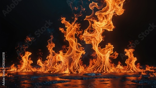 Realistic flame patterns against a dark background with vivid orange and yellow hues reflecting on a wet surface.