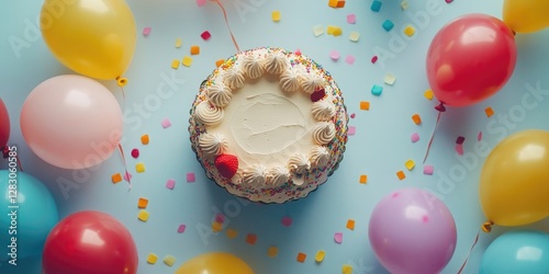 Balloons in pastel colors surrounding a frosted cake on a blue background scattered with colorful confetti and party decorations photo