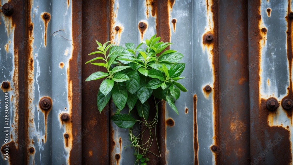Vibrant green plant thriving against a textured rusty metal wall creating a striking contrast between nature and industry Vibrant green plant thriving against a textured rusty metal wall creating a striking contrast between nature and industry
