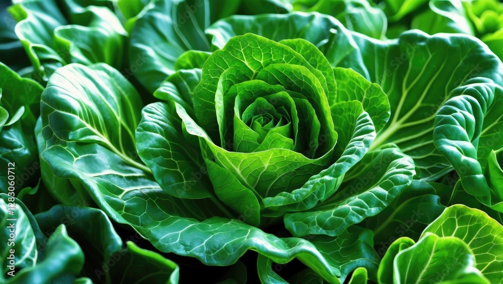 Fototapeta premium Lush green leaf lettuce in close-up, showcasing texture and vibrant color, perfect for culinary and dietary themes in illustrations.