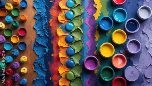 Colorful palette of acrylic paints with vibrant hues arranged in rows on wooden background showcasing artistic supplies and textures. photo