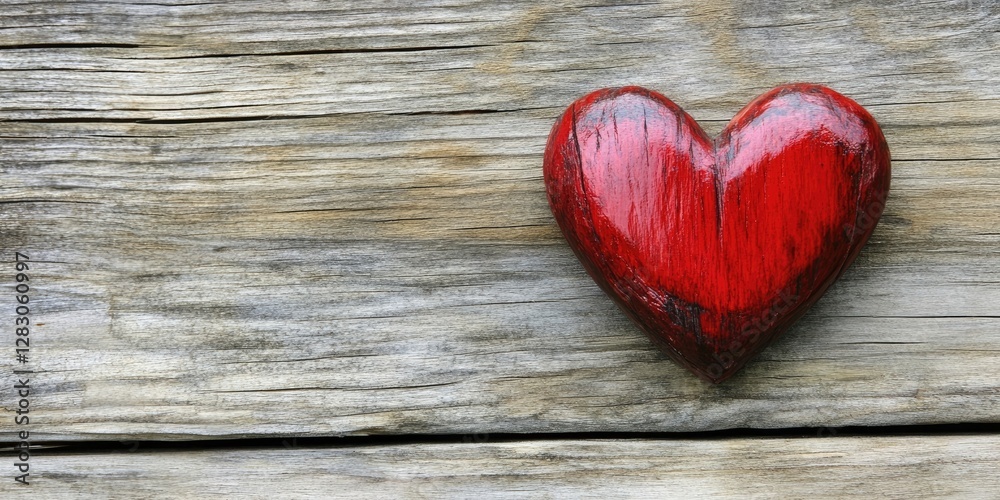 Red wooden heart placed on aged textured wood surface, featuring natural tones and grooves, positioned slightly left of center. Red wooden heart placed on aged textured wood surface, featuring natural tones and grooves, positioned slightly left of center.