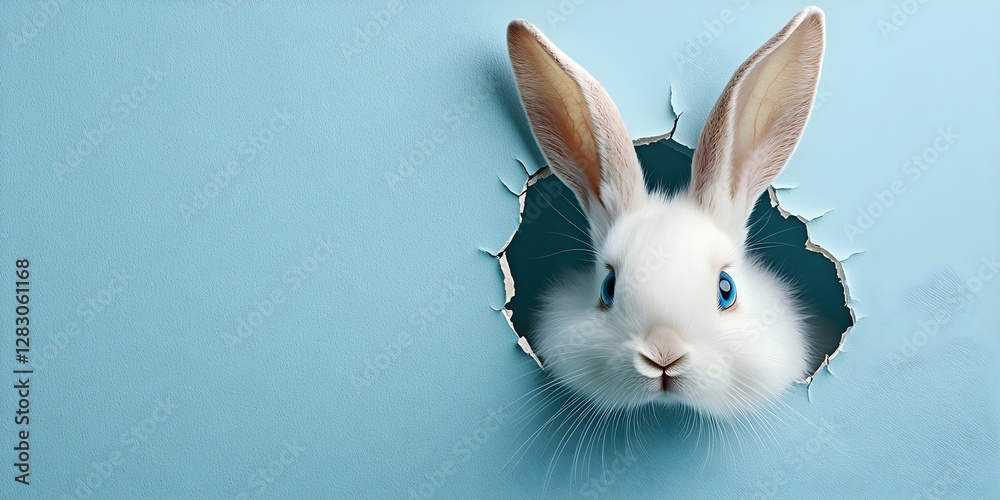 custom made wallpaper toronto digitalBunny peeking out of a hole in blue wall, fluffy eared bunny easter bunny banner, rabbit jump out torn hole. Finest generative AI