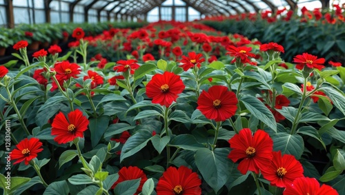 Vibrant red flowers blooming in a greenhouse with lush green foliage in a symmetrical arrangement, ideal for floral and gardening themes.