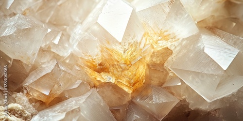 Macro view of transparent barite crystals showcasing intricate structures with translucent white, soft orange highlights, emphasizing unique textures and patterns.