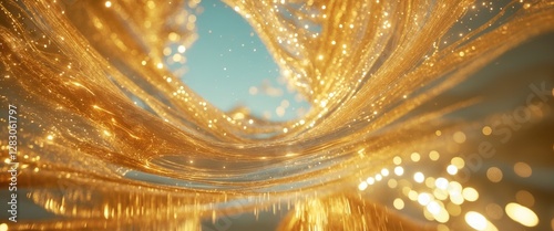 Abstract golden flowing waves with sparkles and blue background in a three-dimensional space