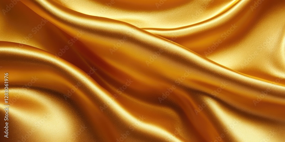 Fototapeta premium Golden silk fabric draping gracefully with soft, smooth texture highlighting rich, warm gold tones and undulating waves in elegant folds.