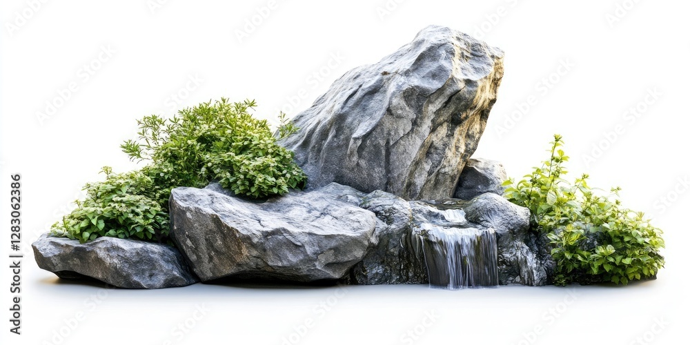 Obraz premium Serene rock formation with lush green plants and gentle waterfall, soft gray tones, central rock slightly elevated, plants surrounding base.