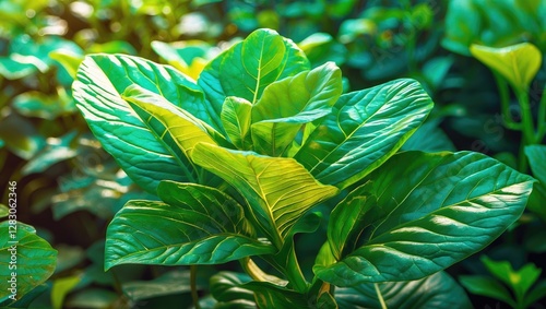 Lush green foliage with vibrant leaves showcasing natural sunlight in a serene garden setting promoting tranquility and rejuvenation. photo