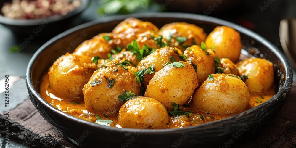 Delicious bowl of Indian dumplings in rich tomato curry garnished with fresh cilantro, dark background, earthy tones, cozy dining setting. Delicious bowl of Indian dumplings in rich tomato curry garnished with fresh cilantro, dark background, earthy tones, cozy dining setting.