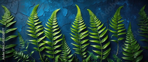 Wallpaper Mural Green ferns arranged against a dark blue cracked wall background natural foliage composition Torontodigital.ca