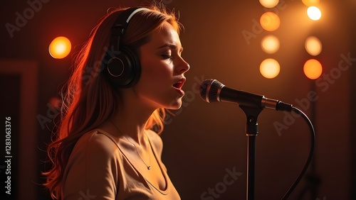 Woman singing in a recording studio