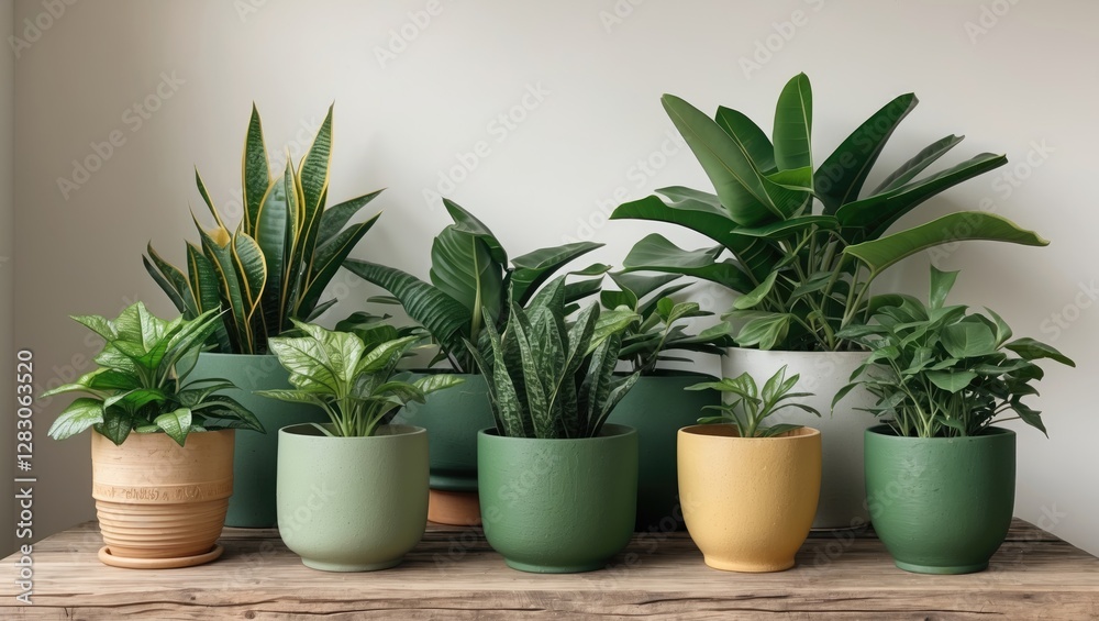 Obraz premium Various indoor potted plants in different ceramic pots arranged on a wooden surface against a neutral wall background