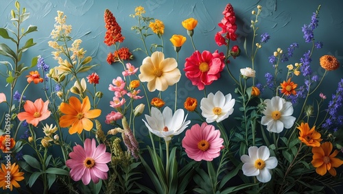 Colorful arrangement of various artificial flowers against a textured teal background in a well-lit setting.