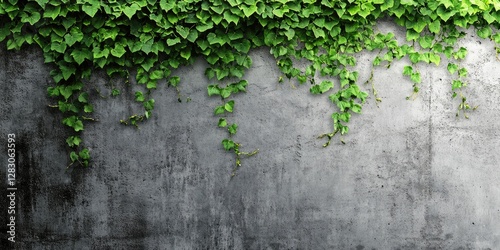 Lush green ivy cascading down a textured gray concrete wall creating a balanced composition with vibrant foliage and a neutral background.