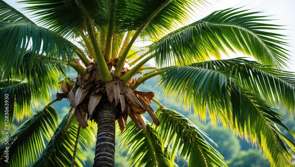 Obraz premium Tropical palm tree with lush green leaves under bright sunlight against a blurred natural background