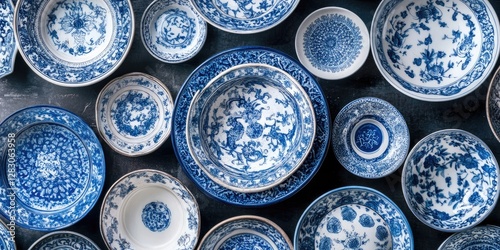 Blue and white porcelain dishes arranged artistically on a dark background showcasing intricate floral patterns and various sizes and shapes of bowls.
