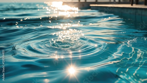 Close-up view of sparkling water surface with sunlight reflections creating ripples in a serene pool environment