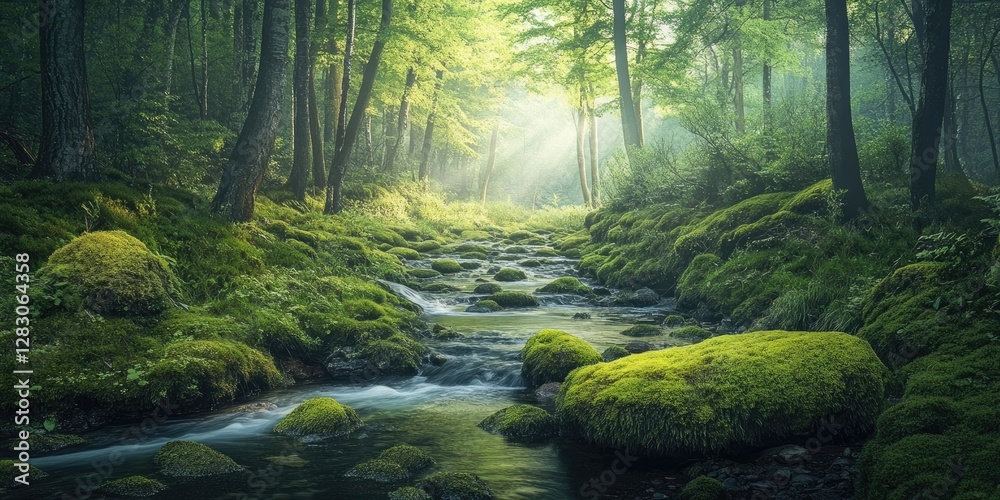 Obraz premium Lush green forest landscape with a serene stream and moss-covered stones illuminated by soft sunlight, showcasing tranquil natural beauty.