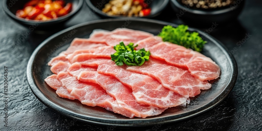 Freshly cut pork slices arranged neatly on a black plate with green scallions on top, surrounded by colorful dipping sauces in bowls. Freshly cut pork slices arranged neatly on a black plate with green scallions on top, surrounded by colorful dipping sauces in bowls.