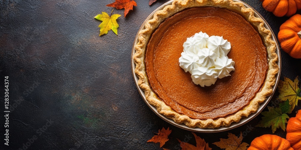 Pumpkin pie topped with whipped cream arranged on a dark background with autumn leaves and orange pumpkins scattered around for a festive feel Pumpkin pie topped with whipped cream arranged on a dark background with autumn leaves and orange pumpkins scattered around for a festive feel