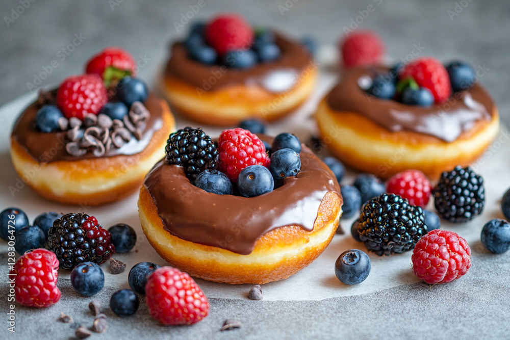 Modern photo composition with chocolate glazed donuts and berries Modern photo composition with chocolate glazed donuts and berries