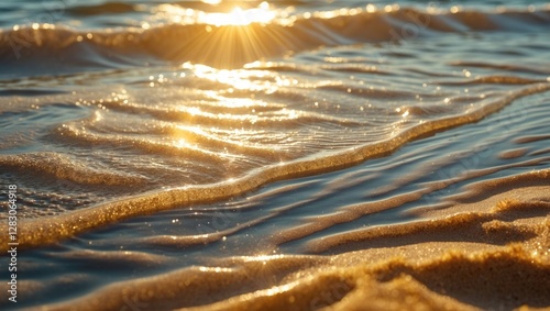 Sunlight reflecting off gentle ocean waves on sandy beach during golden hour with soft ripples and shimmering water surface