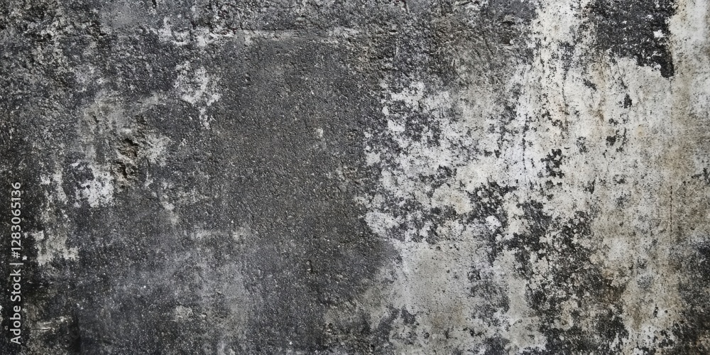 Fototapeta premium Textured rough cement surface with dark gray and light gray patches, showcasing weathered imperfections and a distressed concrete backdrop.