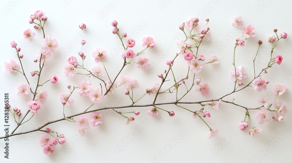 A delicate arrangement of pink cherry blossom branches on a white background. A delicate arrangement of pink cherry blossom branches on a white background.