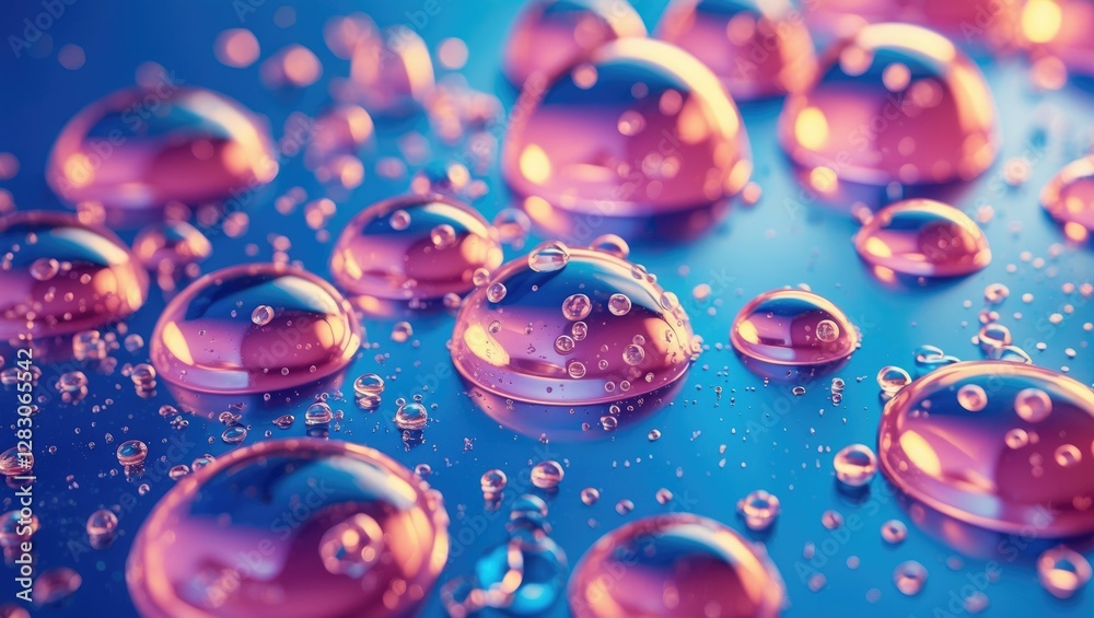 Liquid droplets with bubbles on a vibrant blue background showcasing glycerin texture and reflections in a mesmerizing abstract composition. Liquid droplets with bubbles on a vibrant blue background showcasing glycerin texture and reflections in a mesmerizing abstract composition.